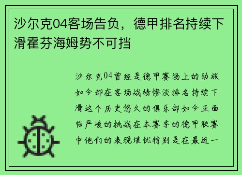 沙尔克04客场告负，德甲排名持续下滑霍芬海姆势不可挡