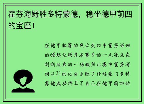 霍芬海姆胜多特蒙德，稳坐德甲前四的宝座！